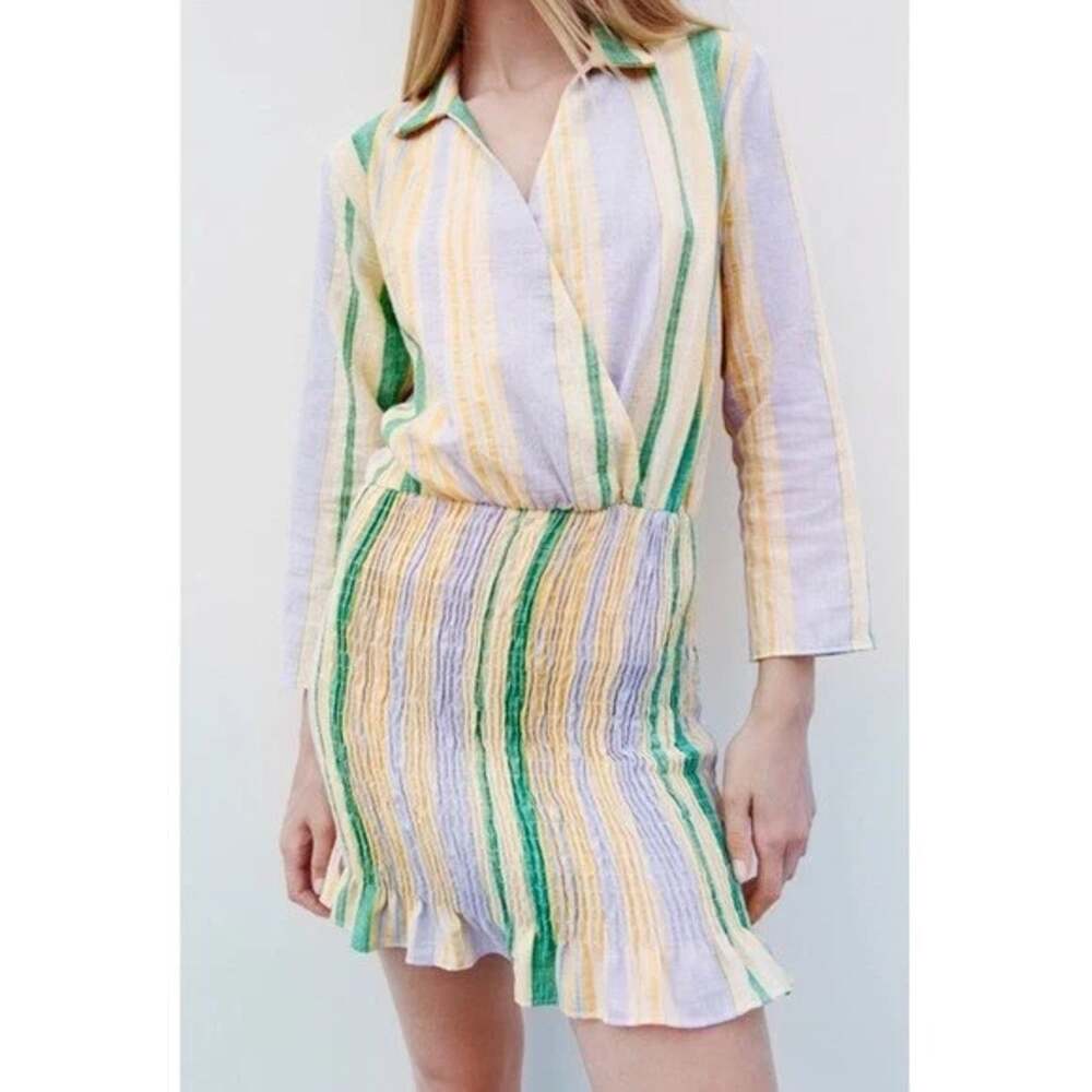 Zara Womens XS Pastel Striped Smocked Waist Shirt Dress Flounce Hem NWT